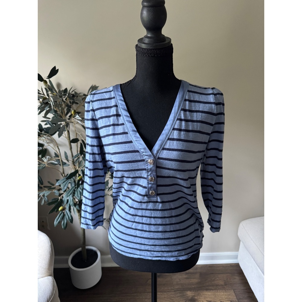 White House Black Market Striped Henley Top Blue Navy 3/4 Sleeve XS